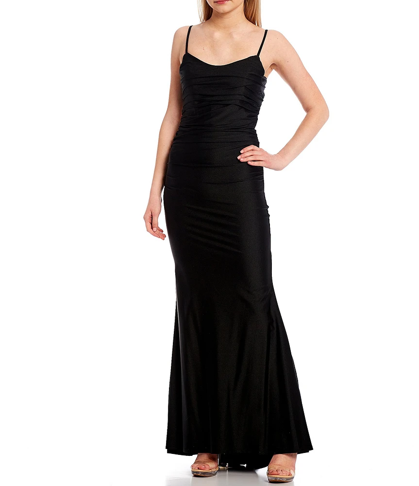 Midnight Doll Spaghetti Strap Scoop Neck Strappy Back Long Satin Dress