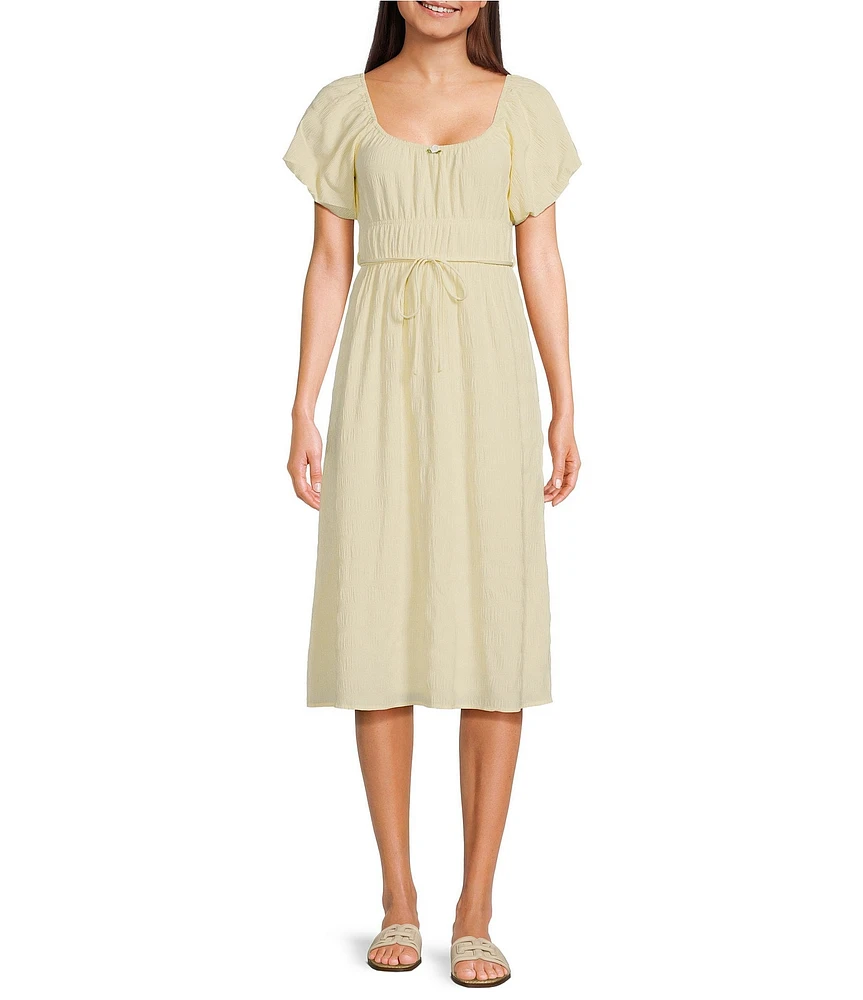 Midnight Doll Textured Woven Scoop Neck Puff Sleeve Midi Dress