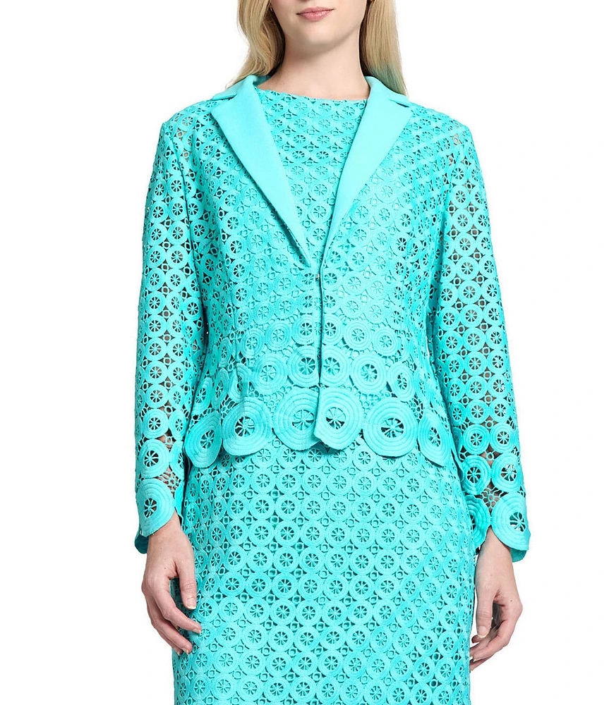 Ming Wang Eyelet Lace Cutout Notch Lapel V-Neck Long Sleeve Jacket