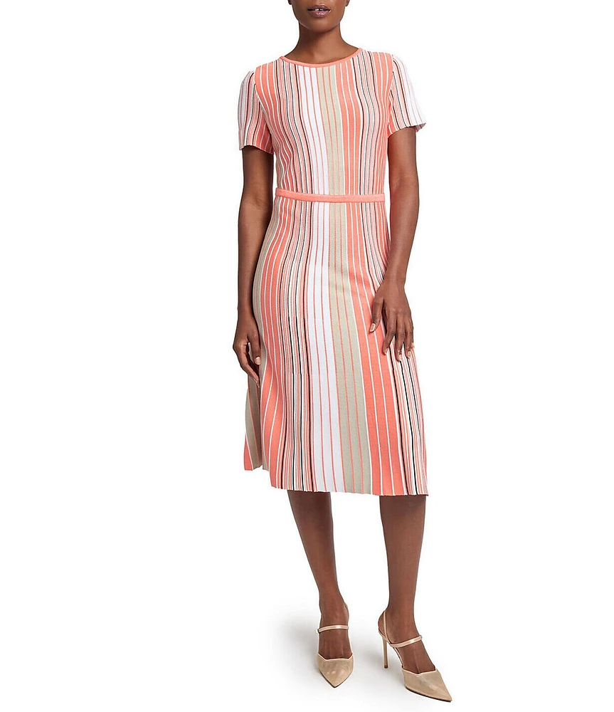 Ming Wang Knit Multi-Stripe Round Neck Short Sleeve Fit-And-Flare Midi Dress