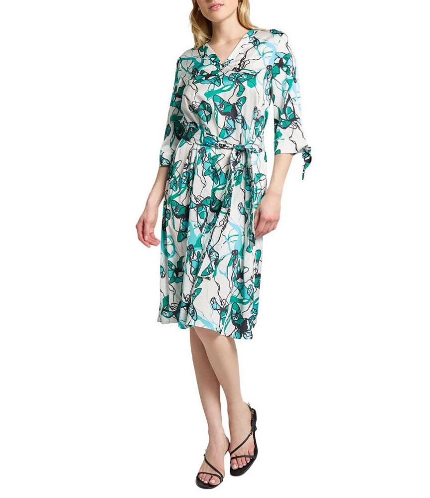 Ming Wang Printed Charmeuse V-Neck Elbow Sleeve Tie Waist Midi Dress