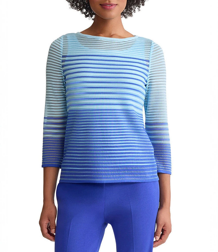 Ming Wang Sheer Stripe Knit Boat Neck 3/4 Sleeve Tunic