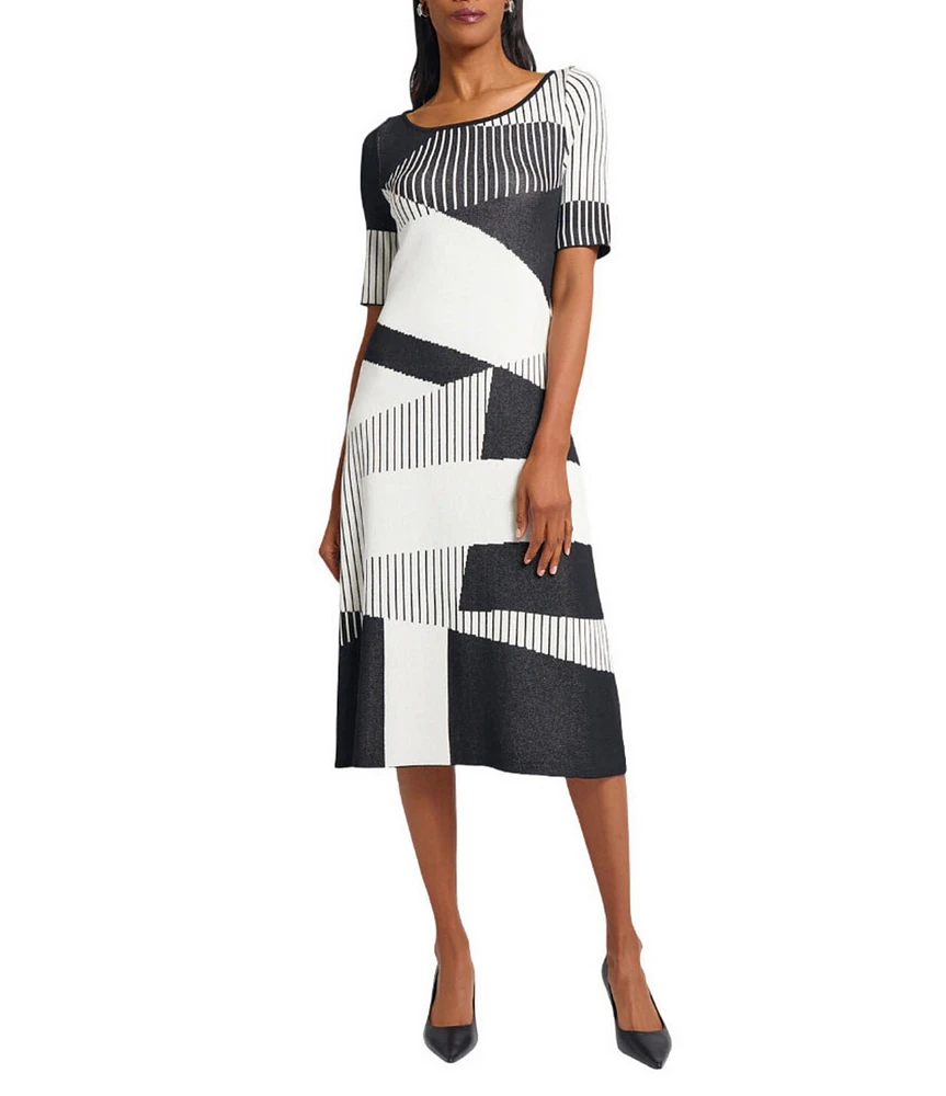 Ming Wang Soft Knit Jacquard Pattern Scoop Neck Short Sleeve Midi Dress