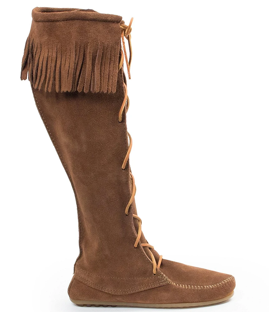 Minnetonka Women's Hardsole Suede Fringe Tall Lace Up Boots