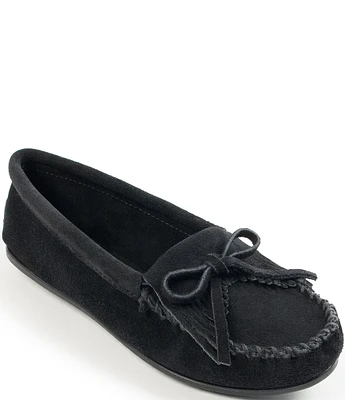 Minnetonka Kilty Suede Bow Detail Fringe Moccasins
