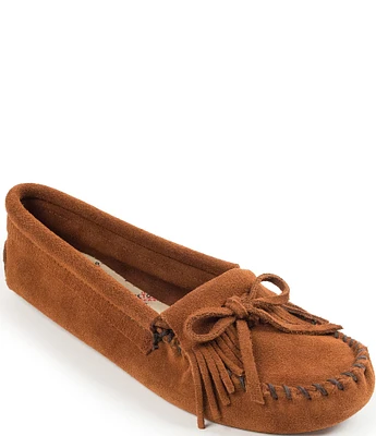 Minnetonka Kilty Softsole Bow Fringe Detail Suede Moccasins