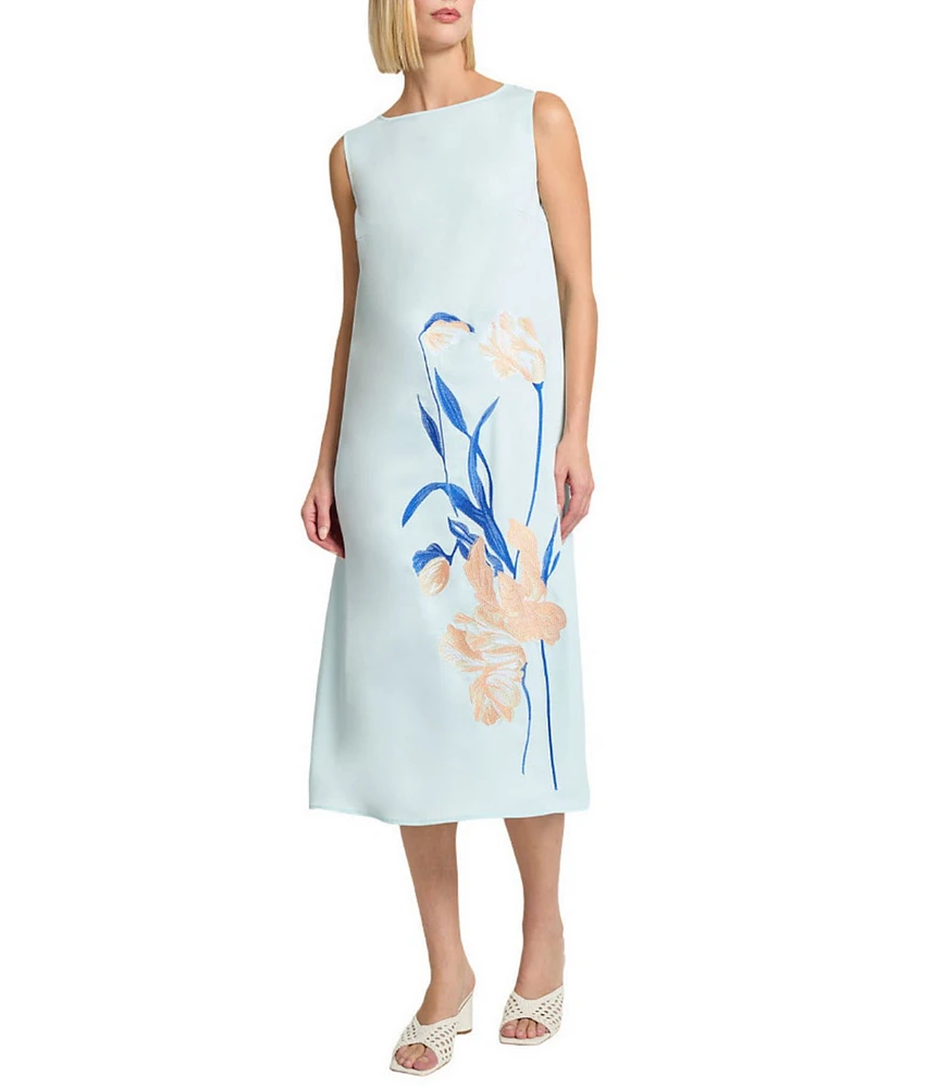 MISOOK Embroidered Crepe Boat Neck Sleeveless Midi Dress