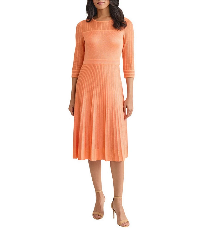 MISOOK Pleated Geometric Knit Round Neck Elbow Sleeve Fit-And-Flare Midi Dress