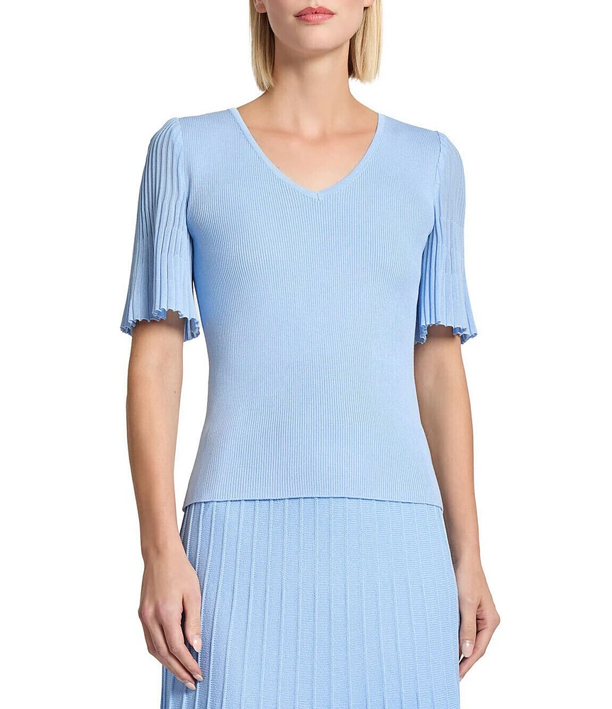 MISOOK Ribbed Knit V-Neck Short Flutter Sleeve Tunic