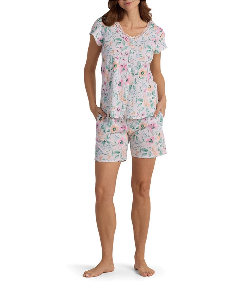 Miss Elaine Floral Passion Print Short Sleeve V-Neck Knit Cotton Shorty Pajama Set