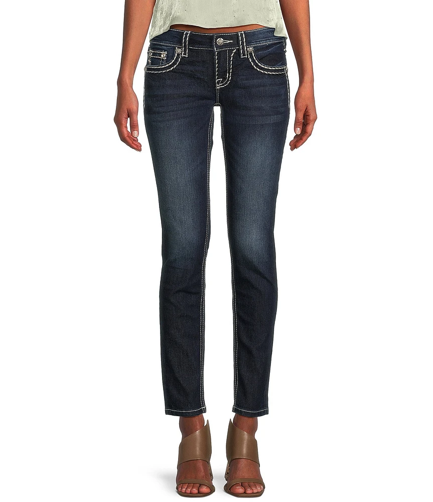 Miss Me Saddle Border Stitch Flap Pocket Low Rise Skinny Jeans