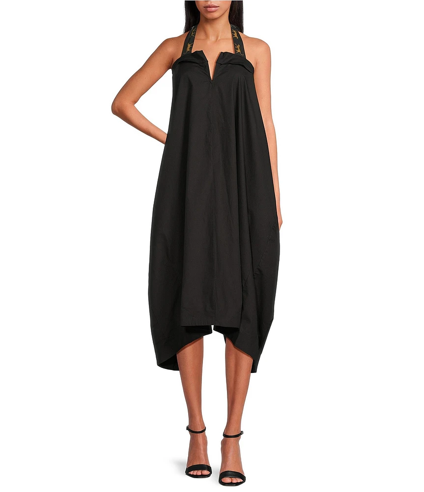 Mo Maya Leo Palm Halter Split V-Neck Midi Dress