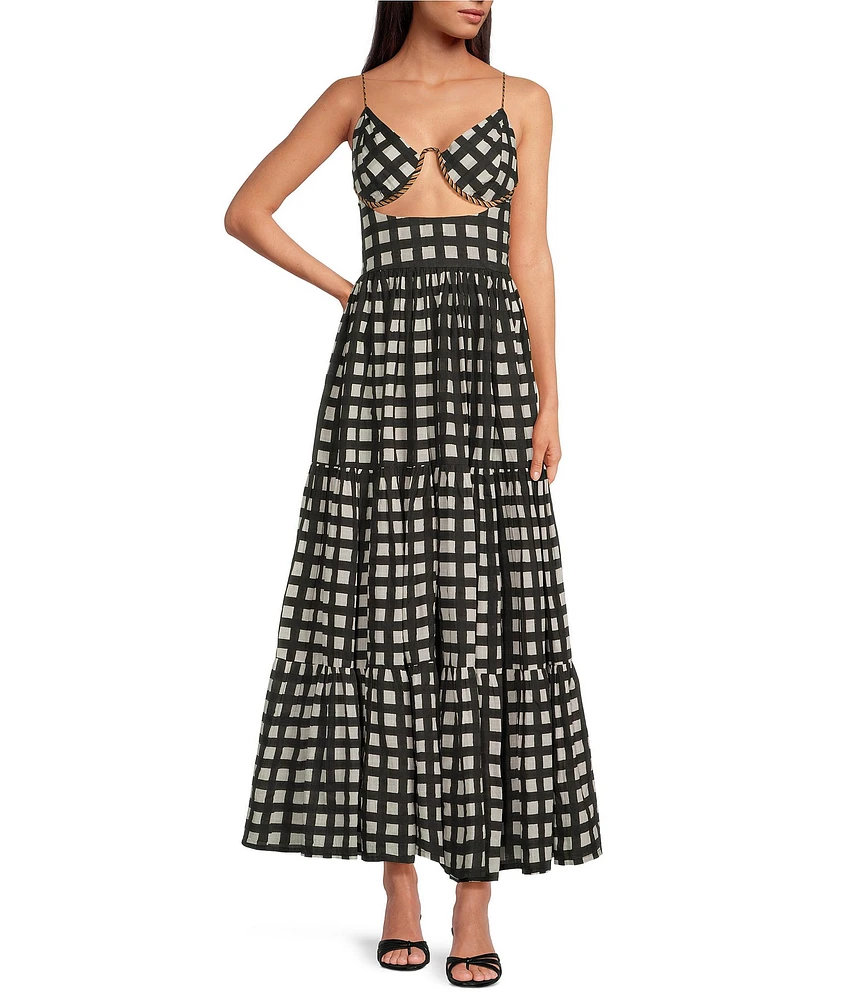 Mo Maya Luna Gingham Check V Neckline Cut-Out Sleeveless Maxi Dress