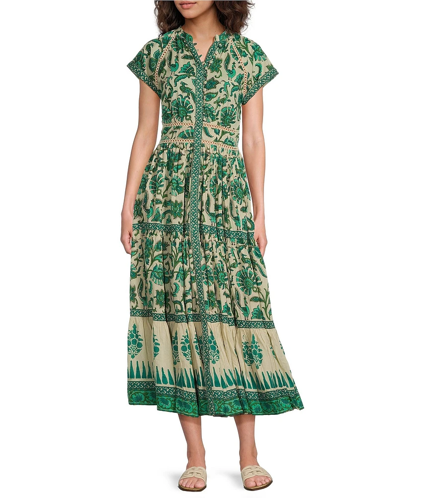 Mo Maya Mojo Printed V-Neck Short Sleeve Flare Midi Dress