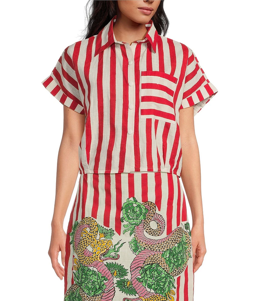 Mo Maya Red Stripe Dragon Print Camp Collar Short Sleeve Button Front Coordinating Coverup Top
