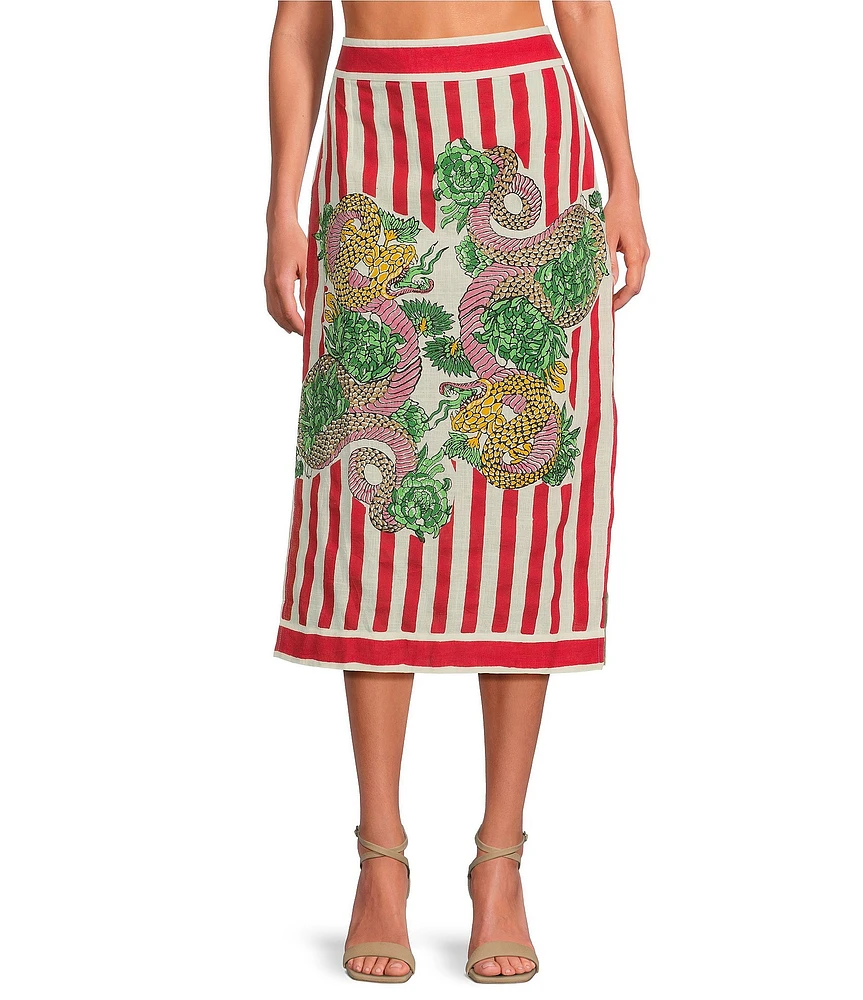 Mo Maya Red Stripe Dragon Print High Rise Pencil Coordinating Midi Skirt