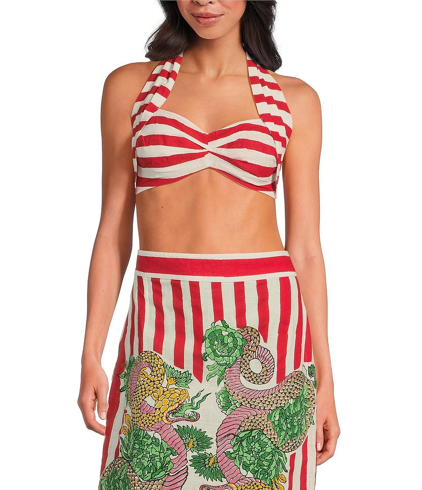 Mo Maya Red Stripe Print Halter Sweetheart Neckline Sleeveless Coordinating Bra Top