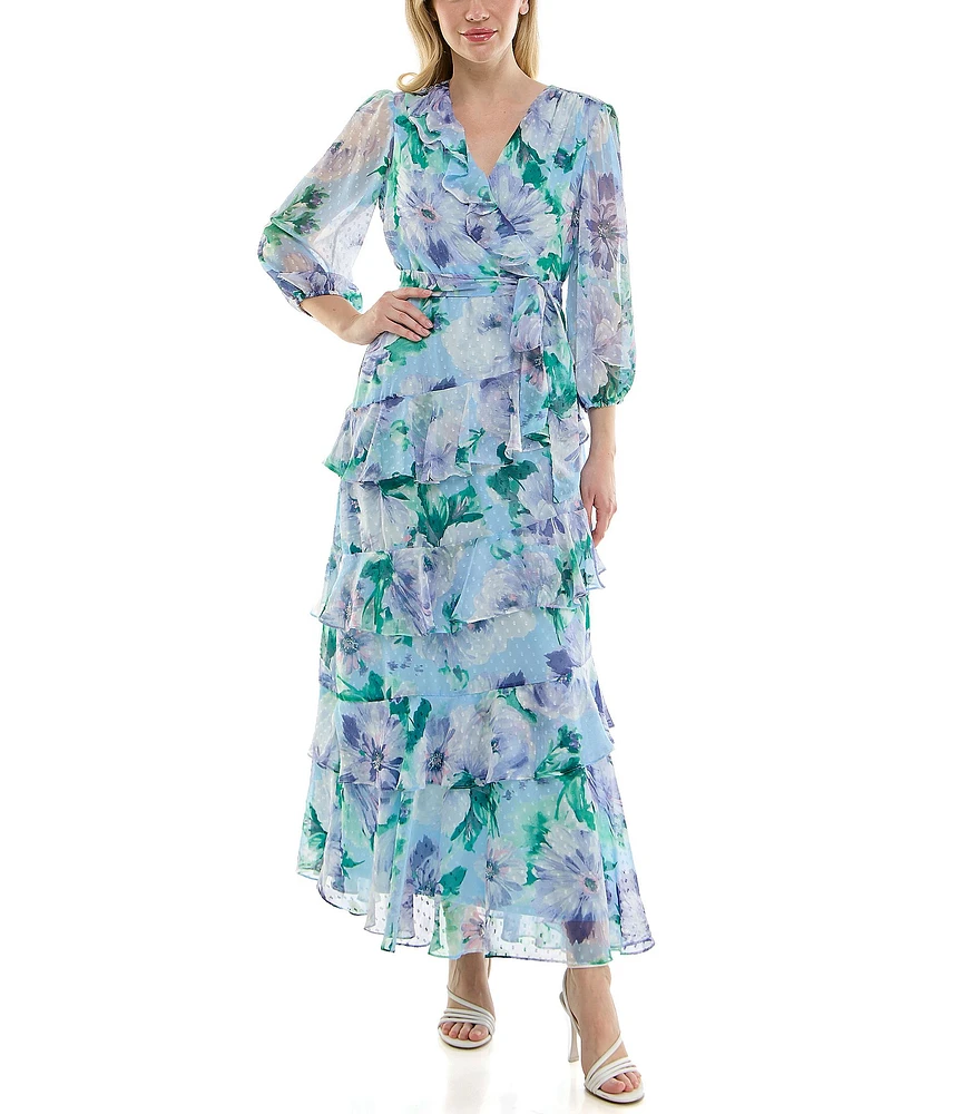 Moda Tara 3/4 Sleeve Floral Print Chiffon Faux Wrap Maxi Dress