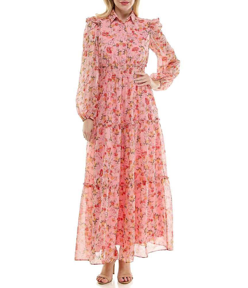 Moda Tara Button Front Floral Print Chiffon Maxi Dress