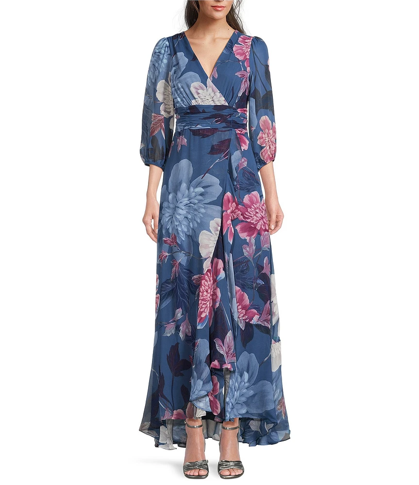 Moda Tara Chiffon 3/4 Sleeve Ruffle Floral Print V-Neck Wrap Maxi Dress