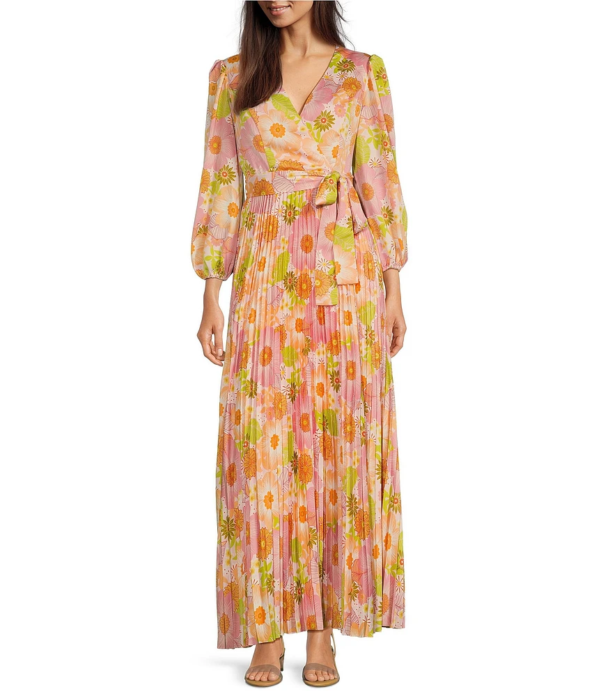 Moda Tara Long Sleeve Floral Print Pleated Satin Crepe Maxi Dress