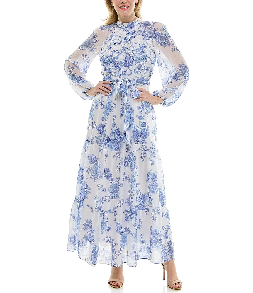 Moda Tara Long Sleeve Mock Neck Floral Printed Chiffon Maxi Dress