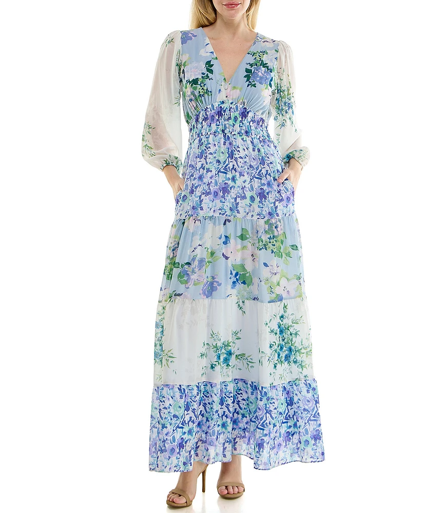 Moda Tara Long Sleeve V-Neck Floral Tiered Crepe Chiffon Maxi Dress