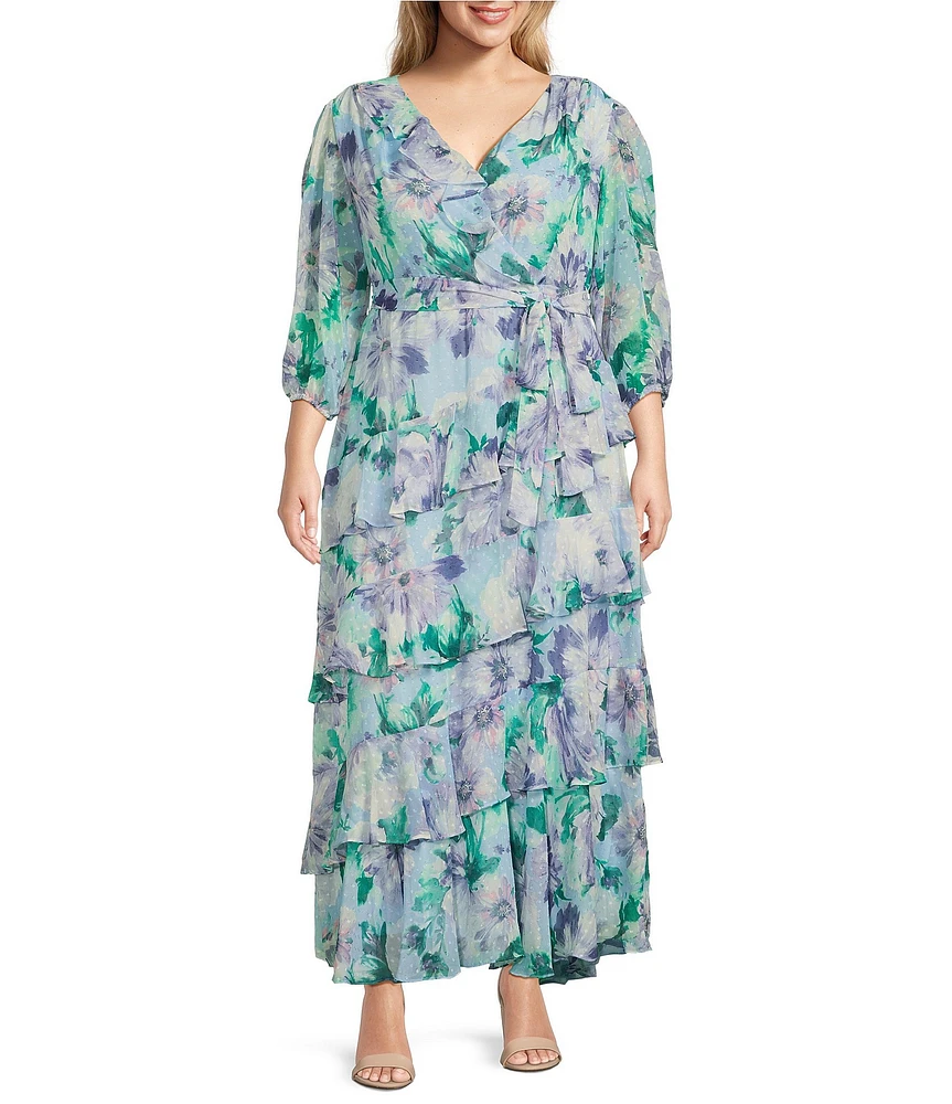 Moda Tara Plus Size 3/4 Sleeve Floral Print Chiffon Faux Wrap Maxi Dress