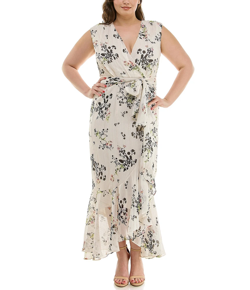 Moda Tara Plus Size Sleeveless Ruffled Hem Wrap Dress