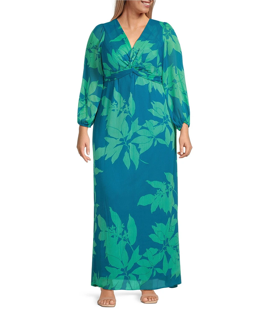 Moda Tara Plus Size V-Neck Long Sleeve Floral Print Chiffon Maxi Dress