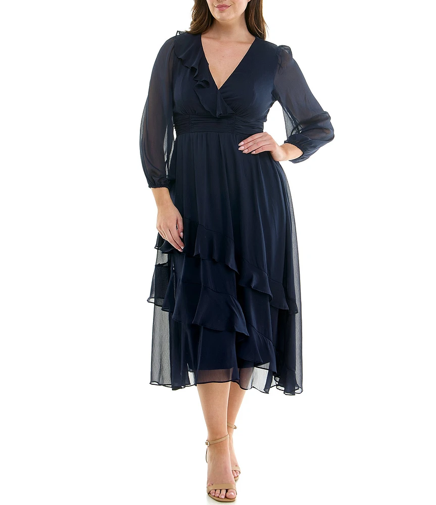Moda Tara Plus Size V-Neck Long Sleeve Ruffled Chiffon Maxi Dress