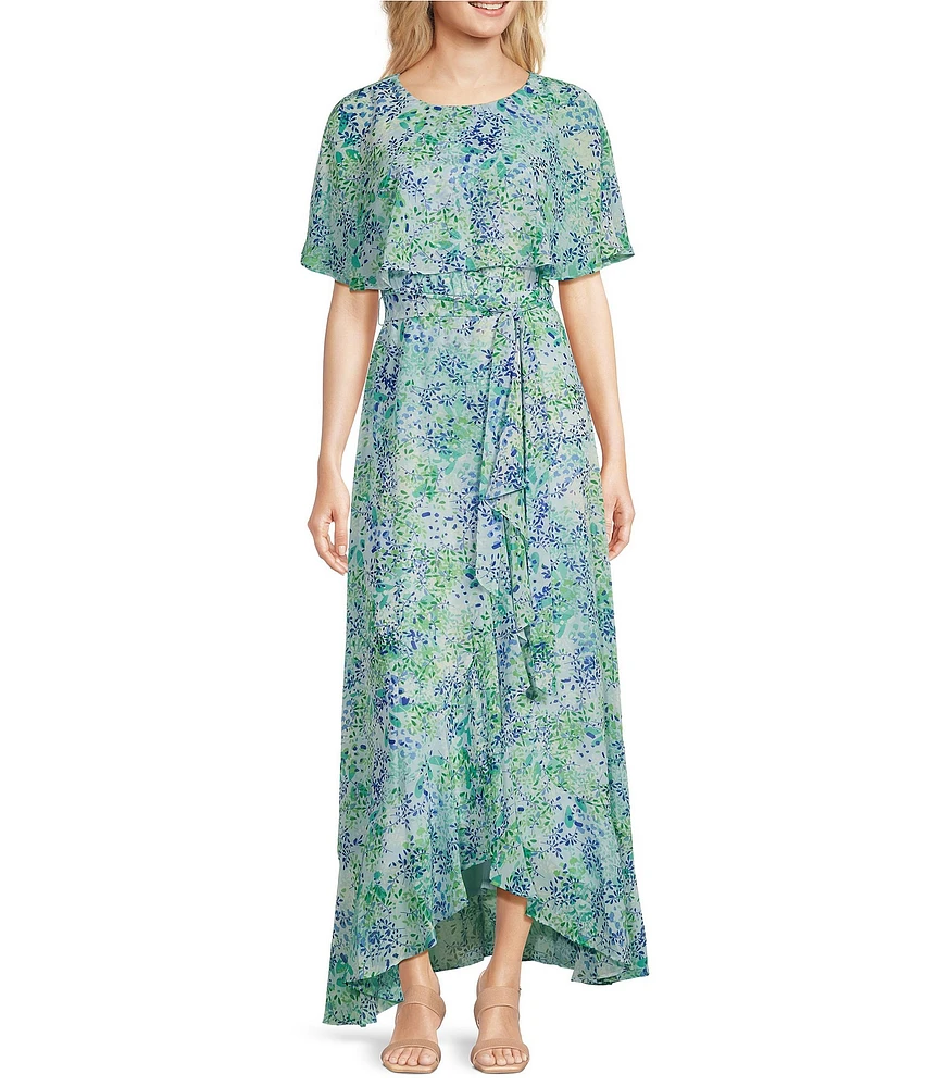 Moda Tara Short Capelet Sleeve Crew Neck Floral Chiffon Maxi Dress