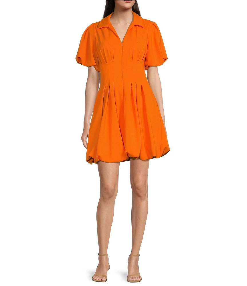 Moda Tara Short Sleeve Point Collar Stretch Pleated Bubble Crepe Dress