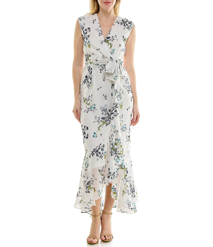 Moda Tara Sleeveless Floral Chiffon Ruffled Faux Wrap Maxi Dress