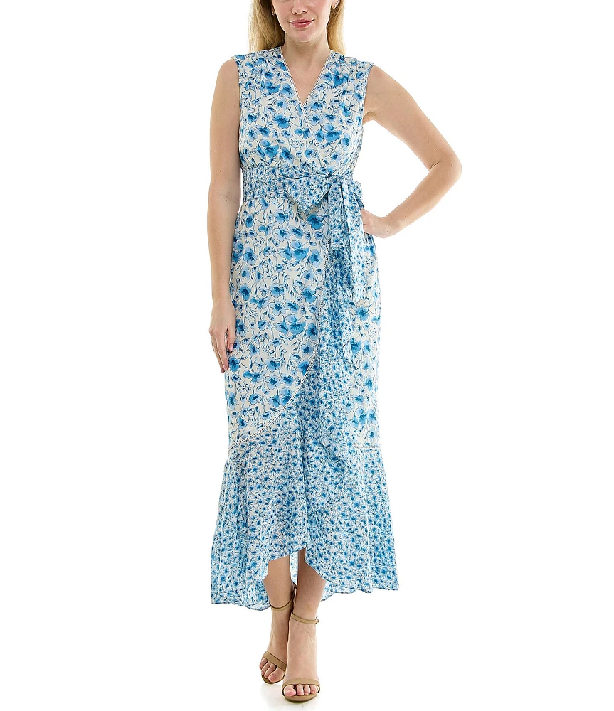 Moda Tara Sleeveless V-Neck Floral Print Wrap Maxi Dress