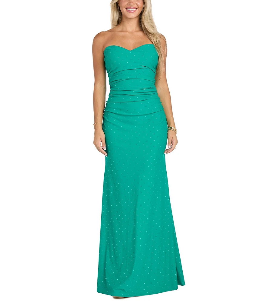Morgan & Co. Jersey Knit Stone Strapless Lace Up Back Dress