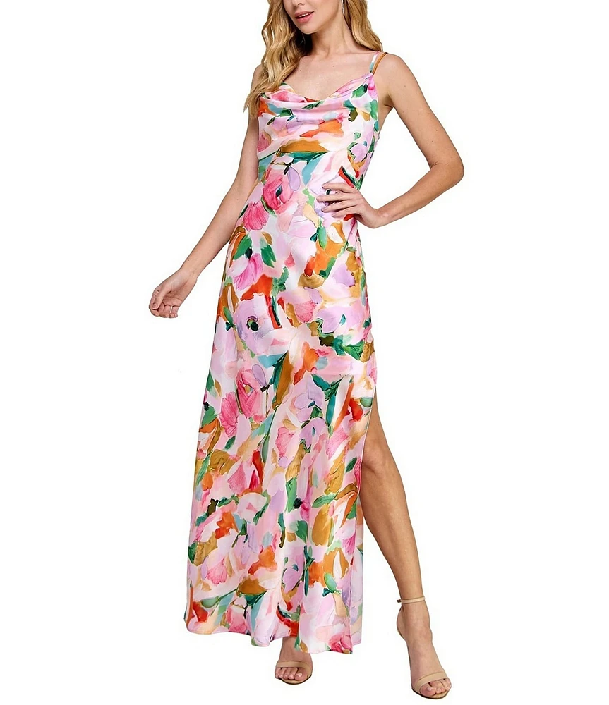 Morgan & Co. Sleeveless Cowl Neck Long Printed Satin Dress
