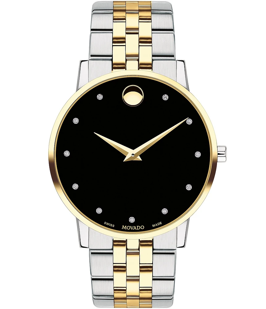 Movado Museum Classic Two Tone Link Bracelet Watch with Diamond Detail