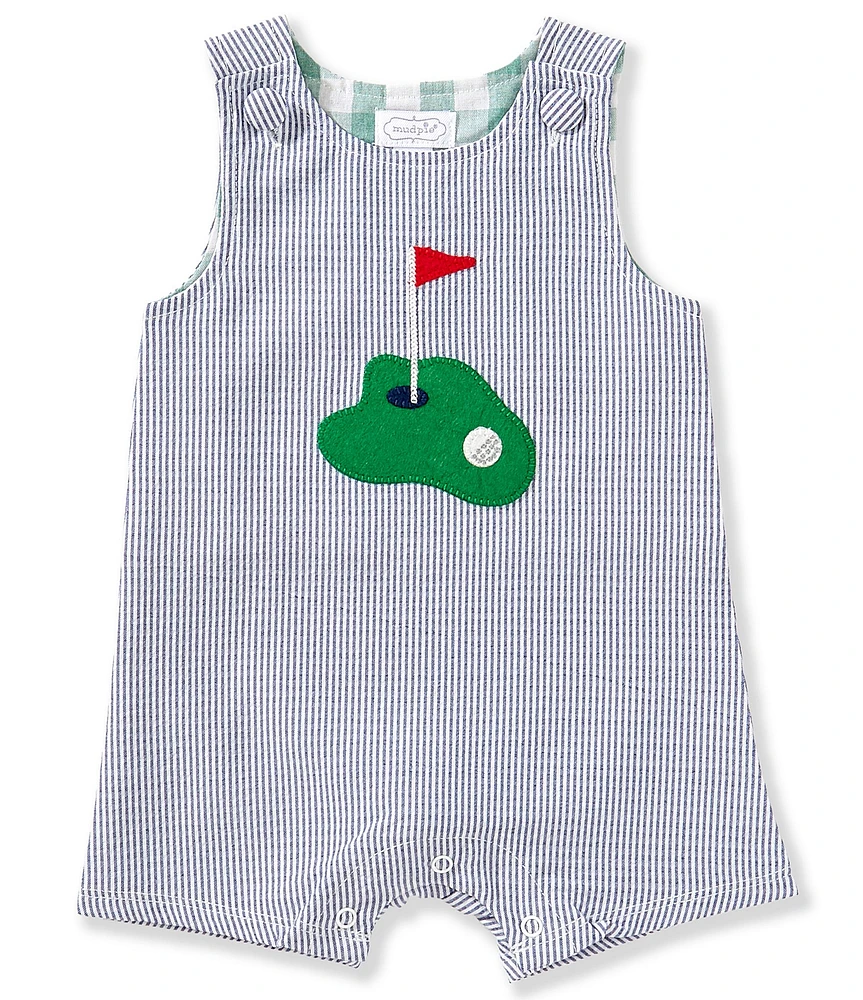 Mud Pie Baby Boys Sleeveless Golf-Theme-Applique Seersucker Shortall