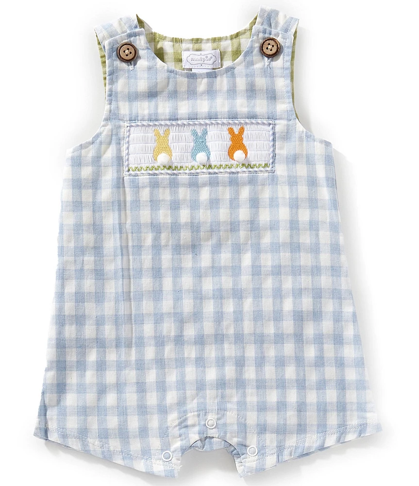 Mud Pie Baby Boys Sleeveless Gingham-Checked Bunny-Appliqued Easter Shortall