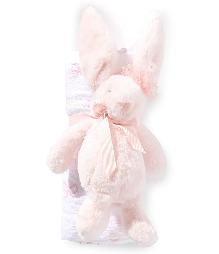 Mud Pie Baby Girls Muslin Swaddle Blanket & Faux-Fur Bunny Rattle Set