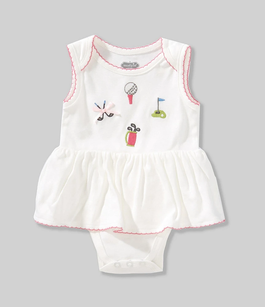 Mud Pie Baby Girls Cap-Sleeve Golf-Theme-Embroidered Skirted Bodysuit