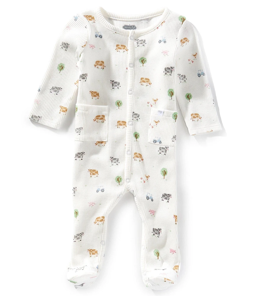 Mud Pie Baby Girls Long Sleeve Ditsy-Farm-Printed Waffle-Weave Footed Coverall