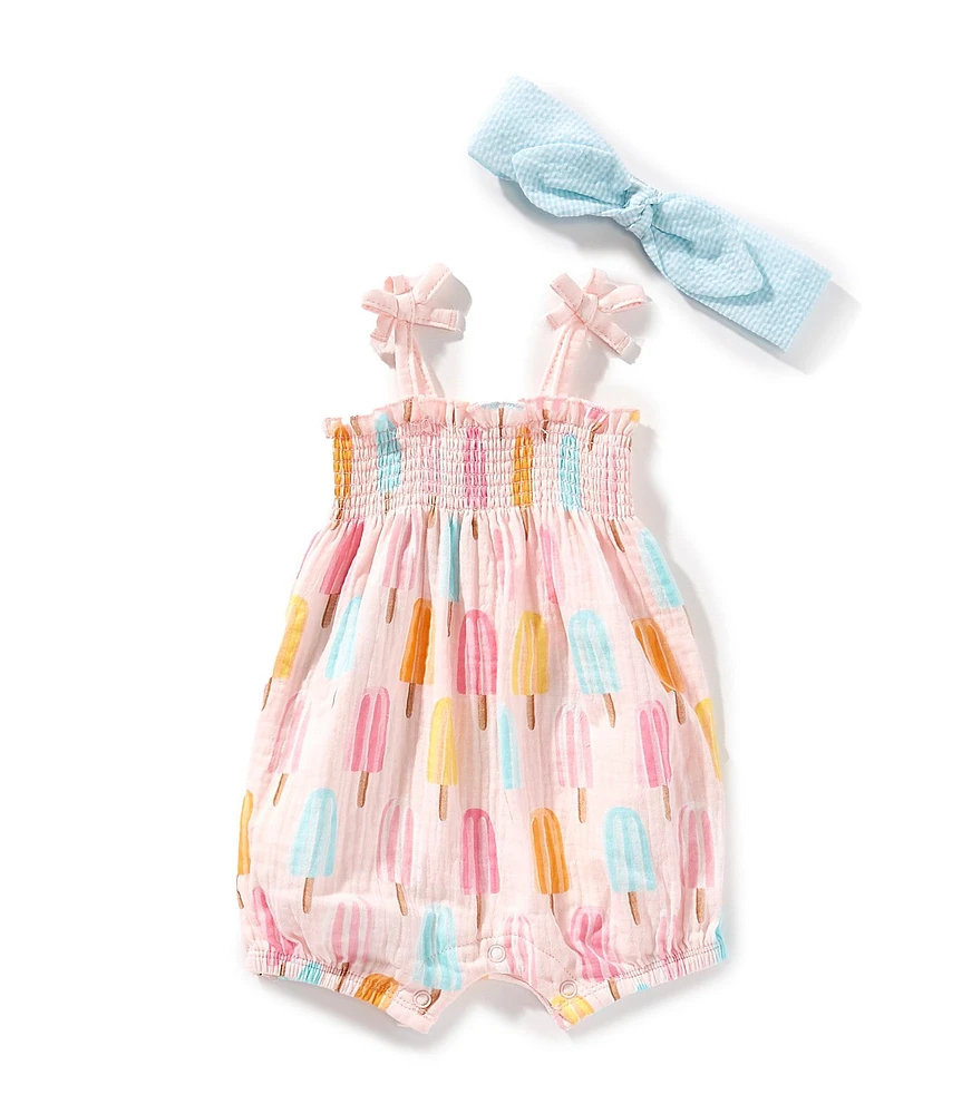 Mud Pie Baby Girls Popsicle Print Tie Sleeve Romper & Headband Set