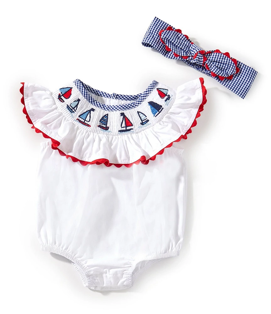 Mud Pie Baby Girls Sleeveless Sailboat-Appliqued Ricrac-Trimmed Bodysuit