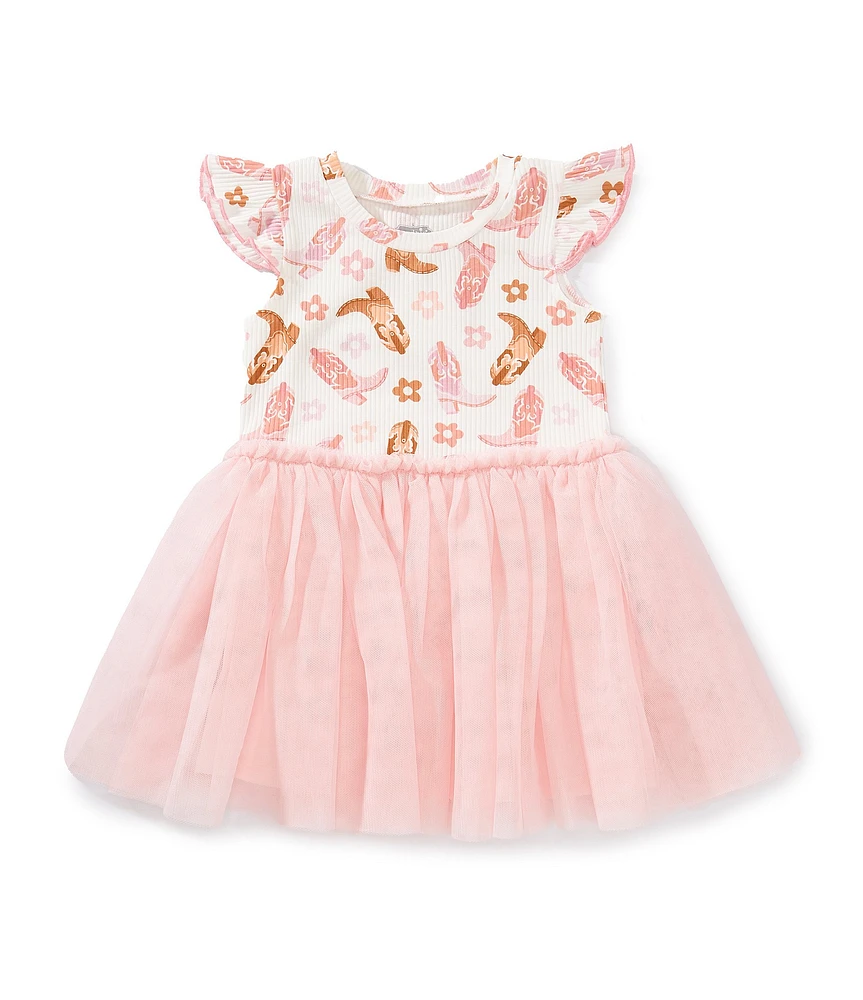 Mud Pie Baby/Little Girls Flutter-Sleeve Western-Inspired Rib-Knit Bodice/Solid Tulle Tutu-Skirted Dress