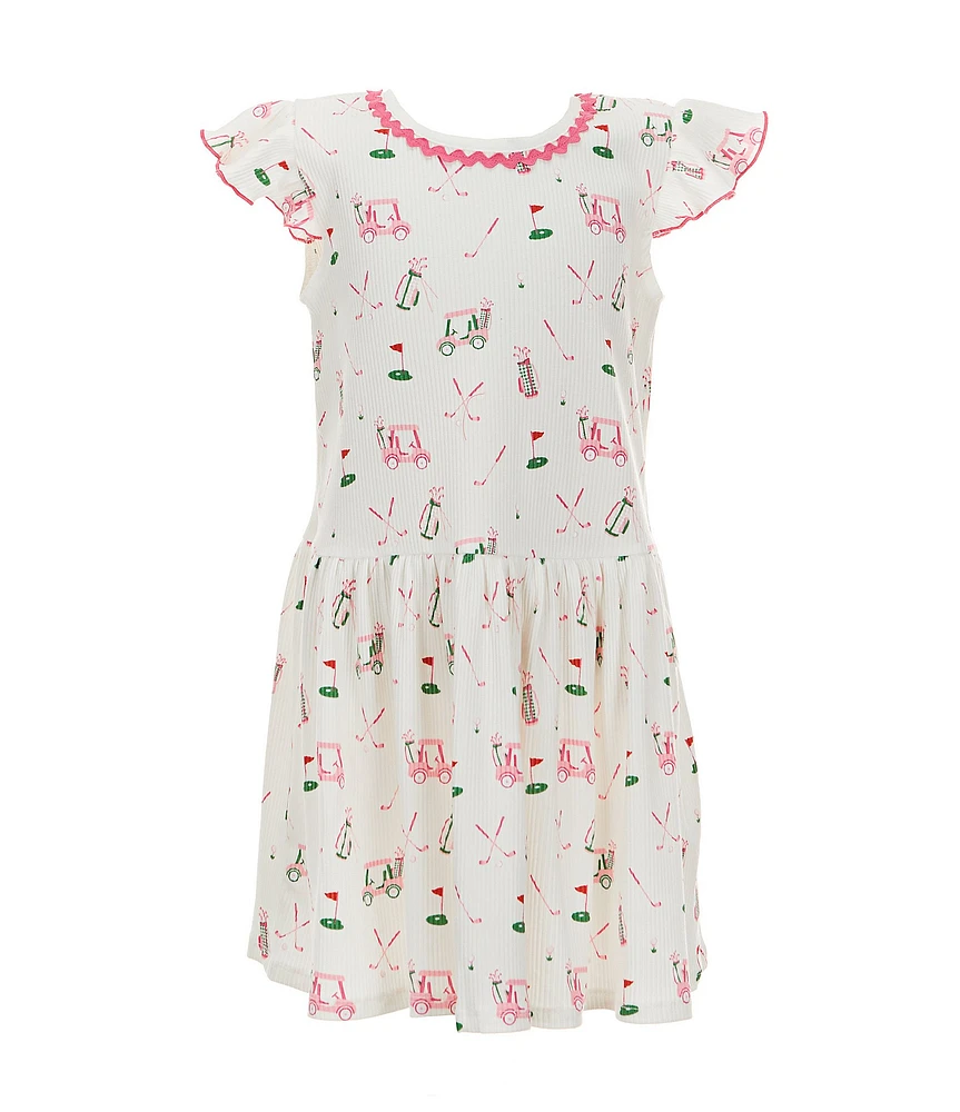 Mud Pie Little Girls Flutter-Sleeve Golf-Themed-Printed Drop-Waist T-Shirt Dress