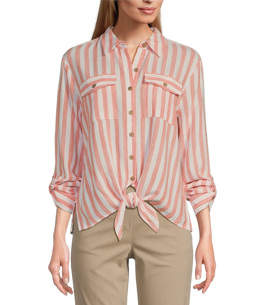 Multiples Petite Size Yarn-Dye Stripe Point Collar Long Roll-Tab Sleeve Button-Front Shirt