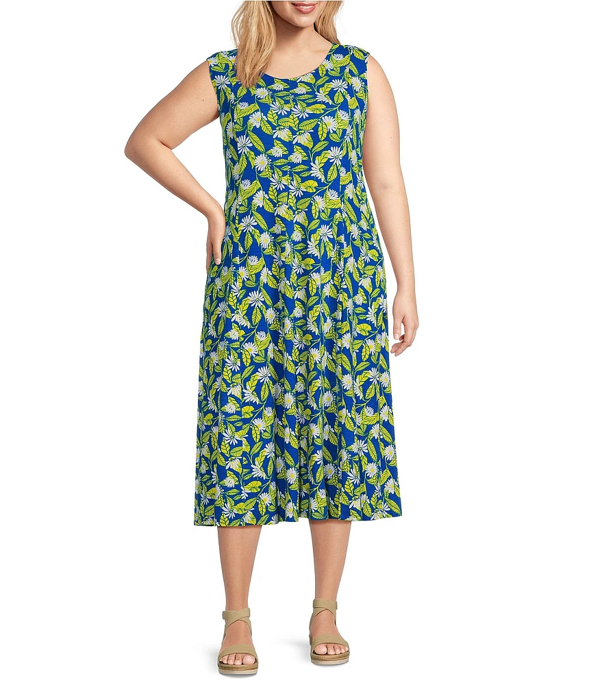 Multiples Plus Size Floral Print Slub Knit Scoop Neck Sleeveless Fit & Flare Midi Dress