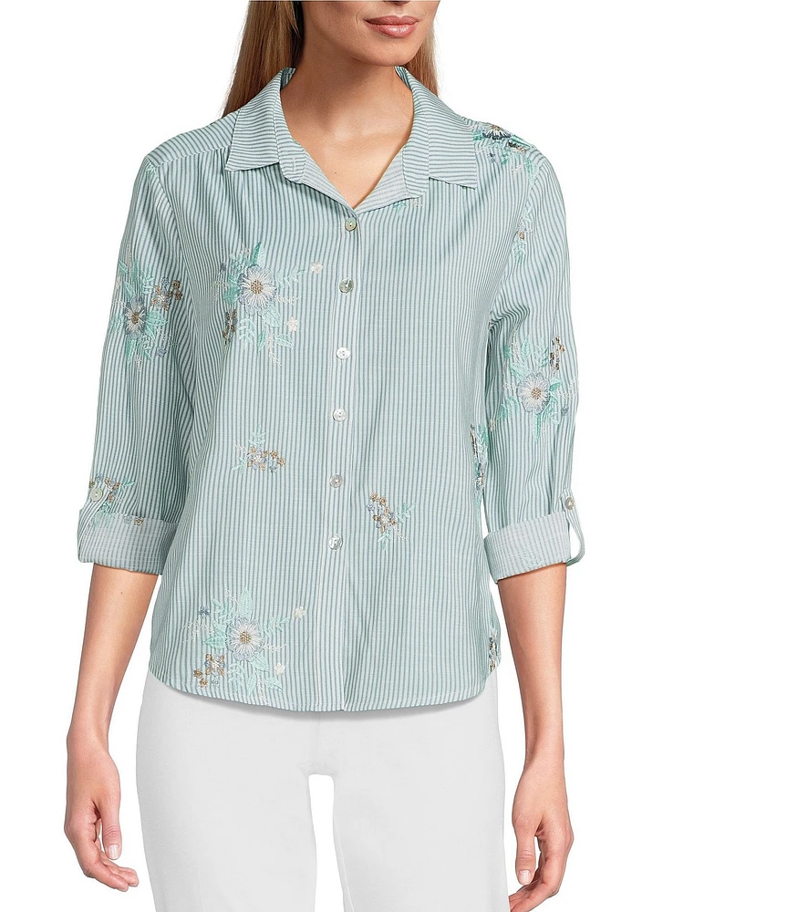 Multiples Petite Size Slub Crinkle Embroidered Stripe Point Collar Long Roll-Tab Sleeve Button Front Shirt